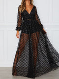 V-Neck Open Back Check Sequined Long Sleeve Dress