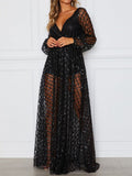 V-Neck Open Back Check Sequined Long Sleeve Dress