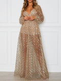 V-Neck Open Back Check Sequined Long Sleeve Dress