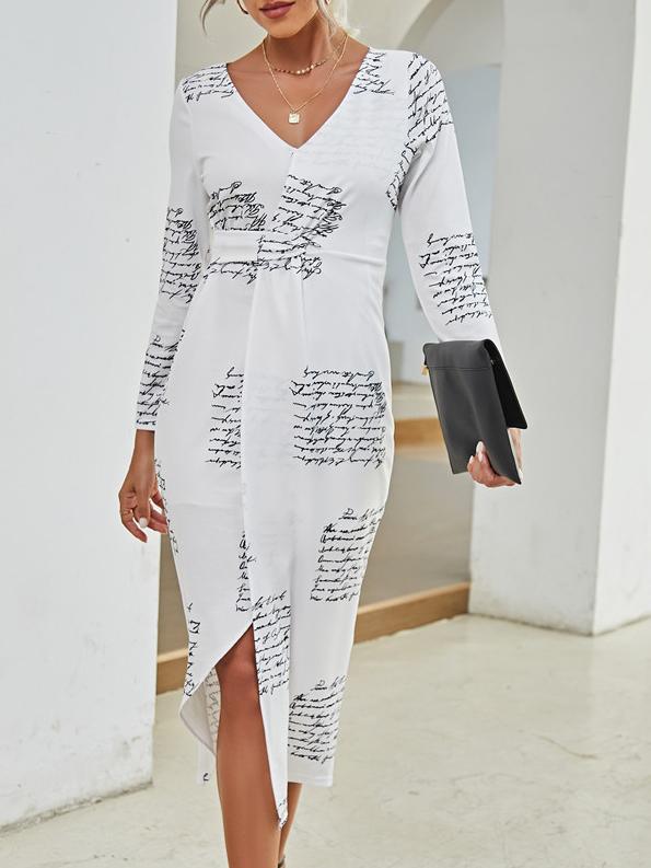 V-Neck Print Long Sleeve Split Dress
