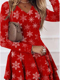 V-Neck Snowflake Long Sleeve Mini Dress