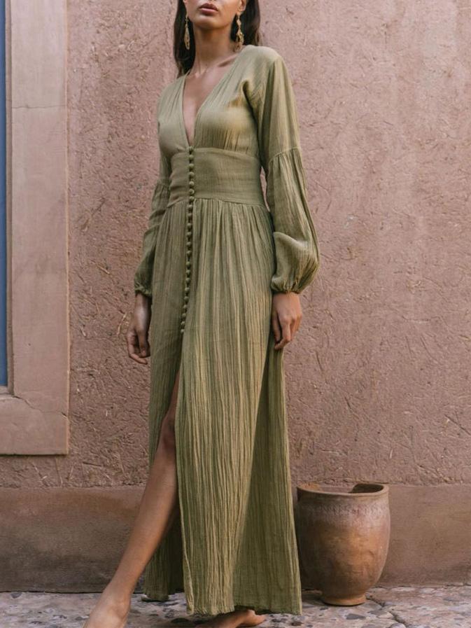 Vintage Deep V-Neck Button Long Sleeve Dress