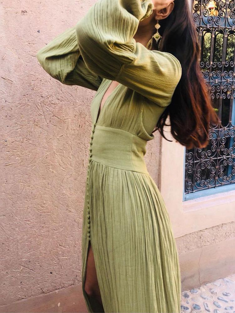 Vintage Deep V-Neck Button Long Sleeve Dress
