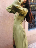 Vintage Deep V-Neck Button Long Sleeve Dress