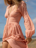 Vintage Deep V-Neck Button Long Sleeve Dress
