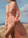 Vintage Deep V-Neck Button Long Sleeve Dress