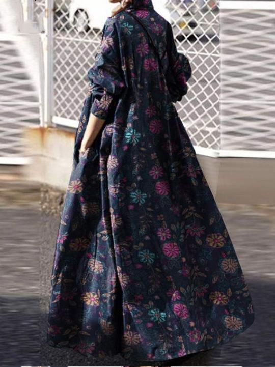Vintage Print Pullover Long Sleeve Maxi Dress