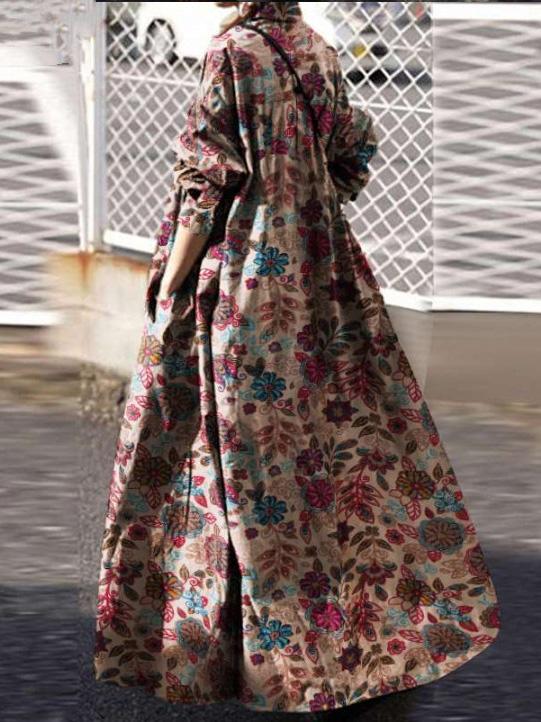 Vintage Print Pullover Long Sleeve Maxi Dress