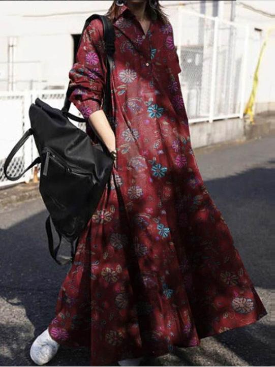 Vintage Print Pullover Long Sleeve Maxi Dress