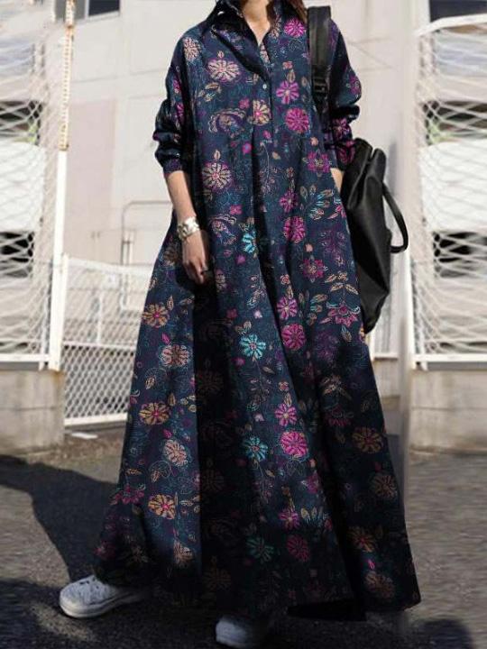 Vintage Print Pullover Long Sleeve Maxi Dress