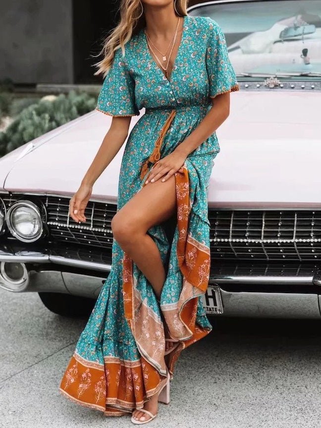 Vintage Print V-Neck Belted Dress