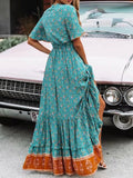 Vintage Print V-Neck Belted Dress