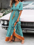 Vintage Print V-Neck Belted Dress