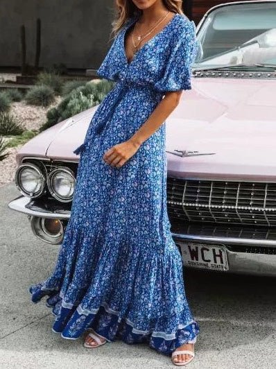 Vintage Print V-Neck Belted Dress