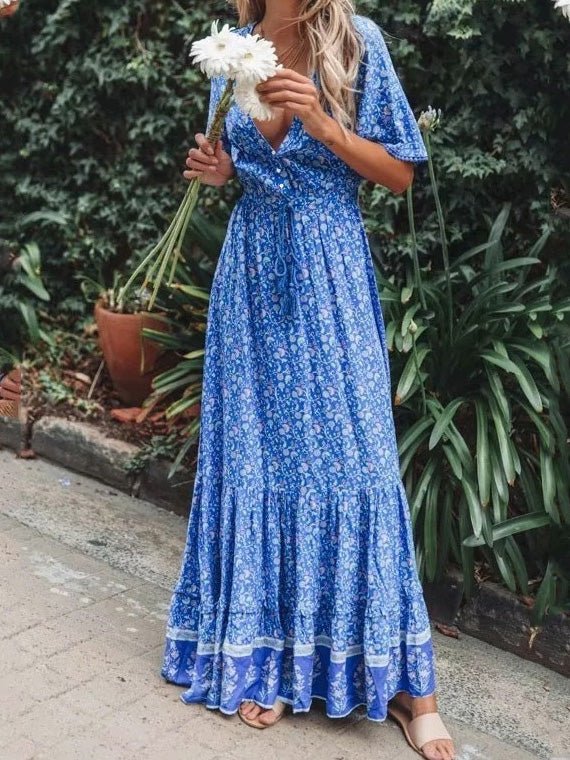 Vintage Print V-Neck Belted Dress
