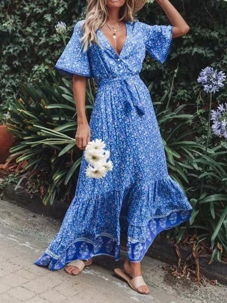 Vintage Print V-Neck Belted Dress