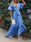 Vintage Print V-Neck Belted Dress
