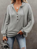 Long Sleeve V-Neck Drawstring Button Sports Hoodie