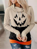 Pumpkin Print High Neck Tie Long Sleeve Hoodies