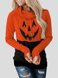 Pumpkin Print High Neck Tie Long Sleeve Hoodies