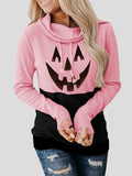 Pumpkin Print High Neck Tie Long Sleeve Hoodies