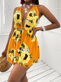 Women's Sunflower V-neck Open Back Casual Dress