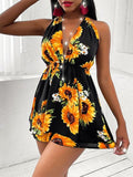 Women's Sunflower V-neck Open Back Casual Dress