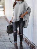 Bat Sleeve High Neck Irregular Split Long Sleeve Sweater