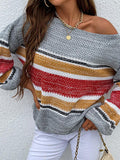 Contrasting Color-Neck Rainbow Striped Knitted Sweater
