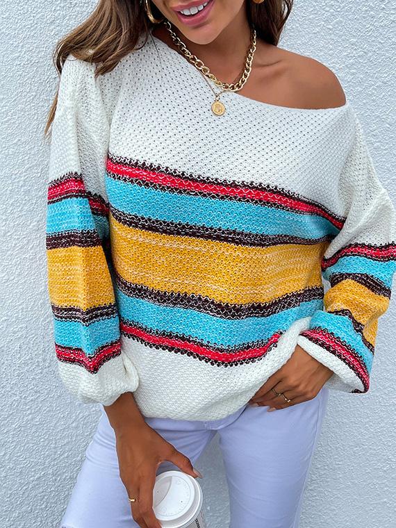 Contrasting Color-Neck Rainbow Striped Knitted Sweater