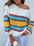 Contrasting Color-Neck Rainbow Striped Knitted Sweater