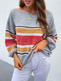 Contrasting Color-Neck Rainbow Striped Knitted Sweater