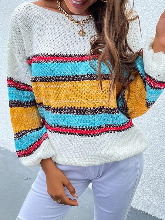 Contrasting Color-Neck Rainbow Striped Knitted Sweater