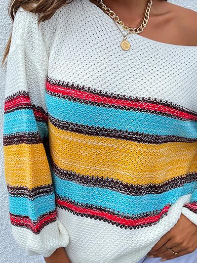 Contrasting Color-Neck Rainbow Striped Knitted Sweater