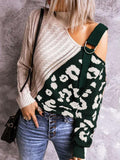 Leopard Print Color Block Turtleneck Off-Shoulder Sweater