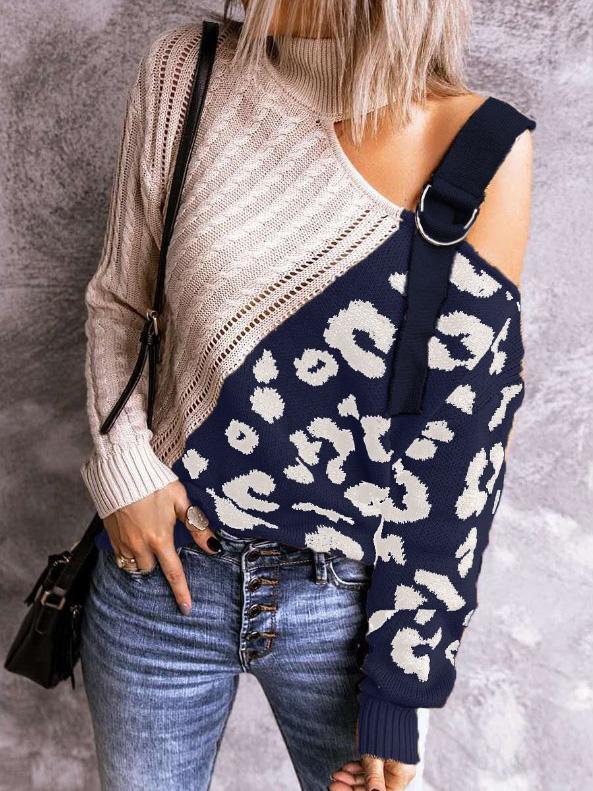 Leopard Print Color Block Turtleneck Off-Shoulder Sweater