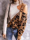 Leopard Print Color Block Turtleneck Off-Shoulder Sweater