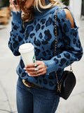 Leopard Print High Neck Long Sleeve Off-Shoulder Knitted Sweater