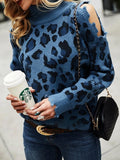 Leopard Print High Neck Long Sleeve Off-Shoulder Knitted Sweater