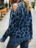 Leopard Print High Neck Long Sleeve Off-Shoulder Knitted Sweater