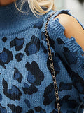 Leopard Print High Neck Long Sleeve Off-Shoulder Knitted Sweater