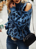 Leopard Print High Neck Long Sleeve Off-Shoulder Knitted Sweater