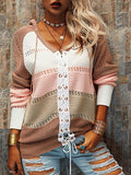 Long Sleeve Contrast Stitching Lace-Up Sweater