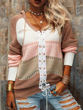 Long Sleeve Contrast Stitching Lace-Up Sweater