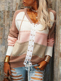 Long Sleeve Contrast Stitching Lace-Up Sweater