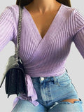 Long Sleeve V-Neck Lace-Up Sweater
