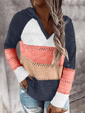 Mixed Color Hollow V-Neck Long Sleeve Sweater