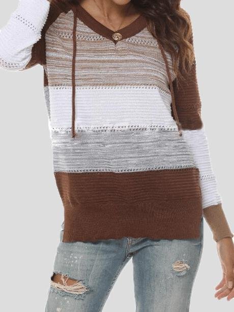 Mixed Color Hollow V-Neck Long Sleeve Sweater