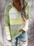 Mixed Color Hollow V-Neck Long Sleeve Sweater
