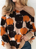 Off-The-Shoulder Cat Pumpkin Round Neck Slim Knit Sweater